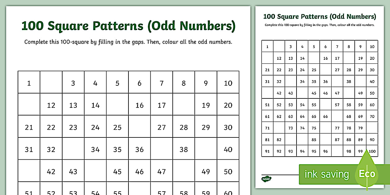 Algebra - 100 Square Patterns (Odd Numbers) Worksheet