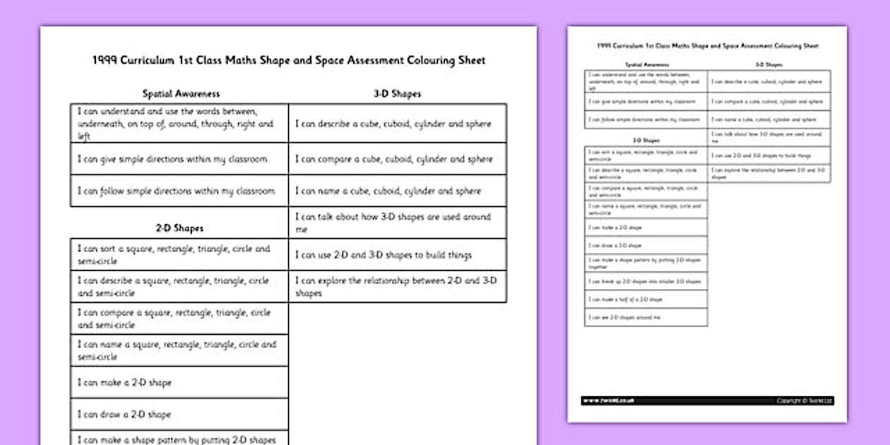 1999 Curriculum 1st Class Maths Shape and Space Assessment Targets ...