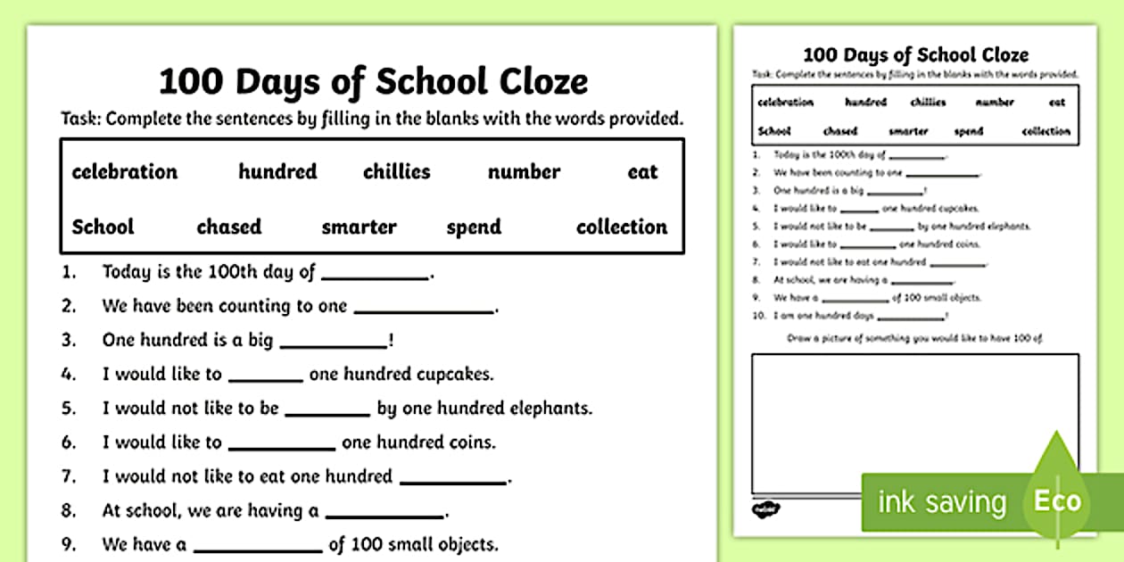 TAS 100 Days of School Cloze Worksheet (teacher made)