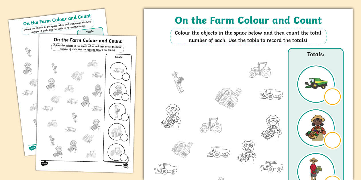 On the Farm Colour and Count Worksheet Twinkl Mathematics