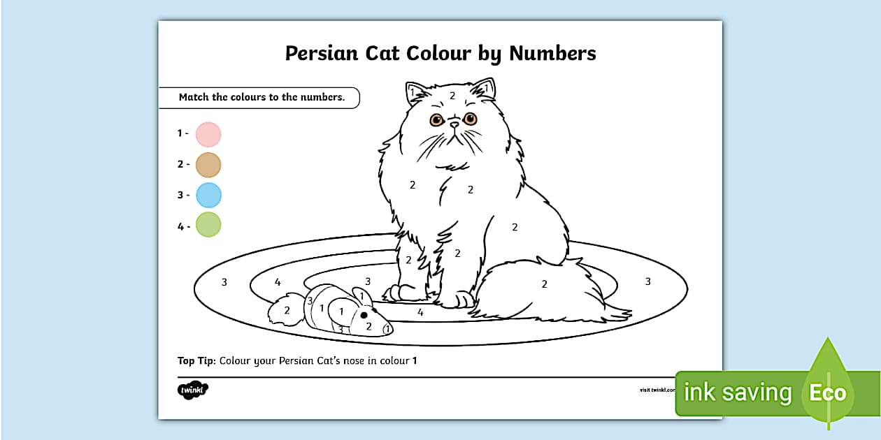 Persian Cat Colour-by-Number Worksheet | Twinkl | KS1