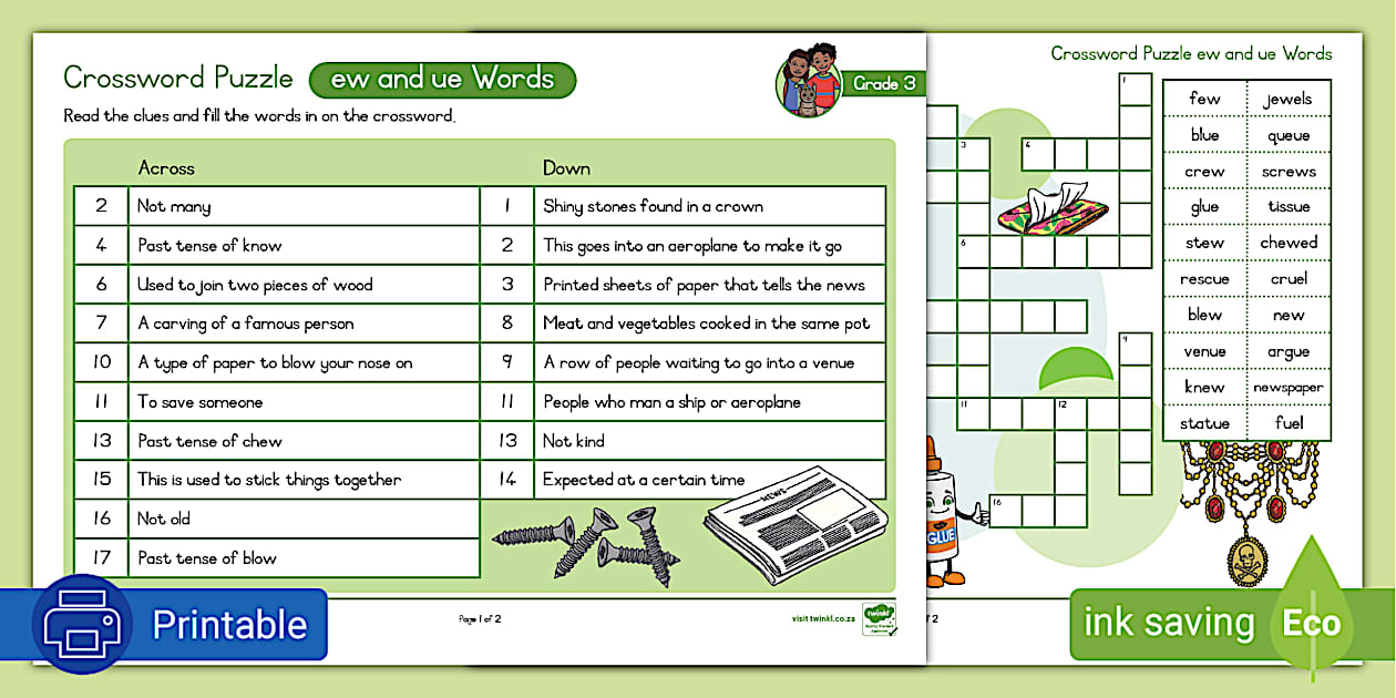 Grade 3 Phonics Crossword Puzzle ew ue (teacher made)