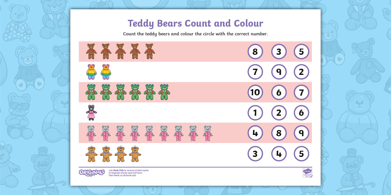 👉 Teddy Bear Count and Colour Worksheet (teacher made)