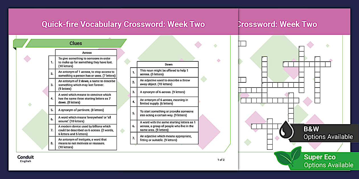 National 5 Quick fire Vocabulary Crossword: Week Two