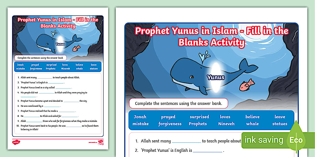 Prophet yunus in islam fill in the blanks activity twinkl