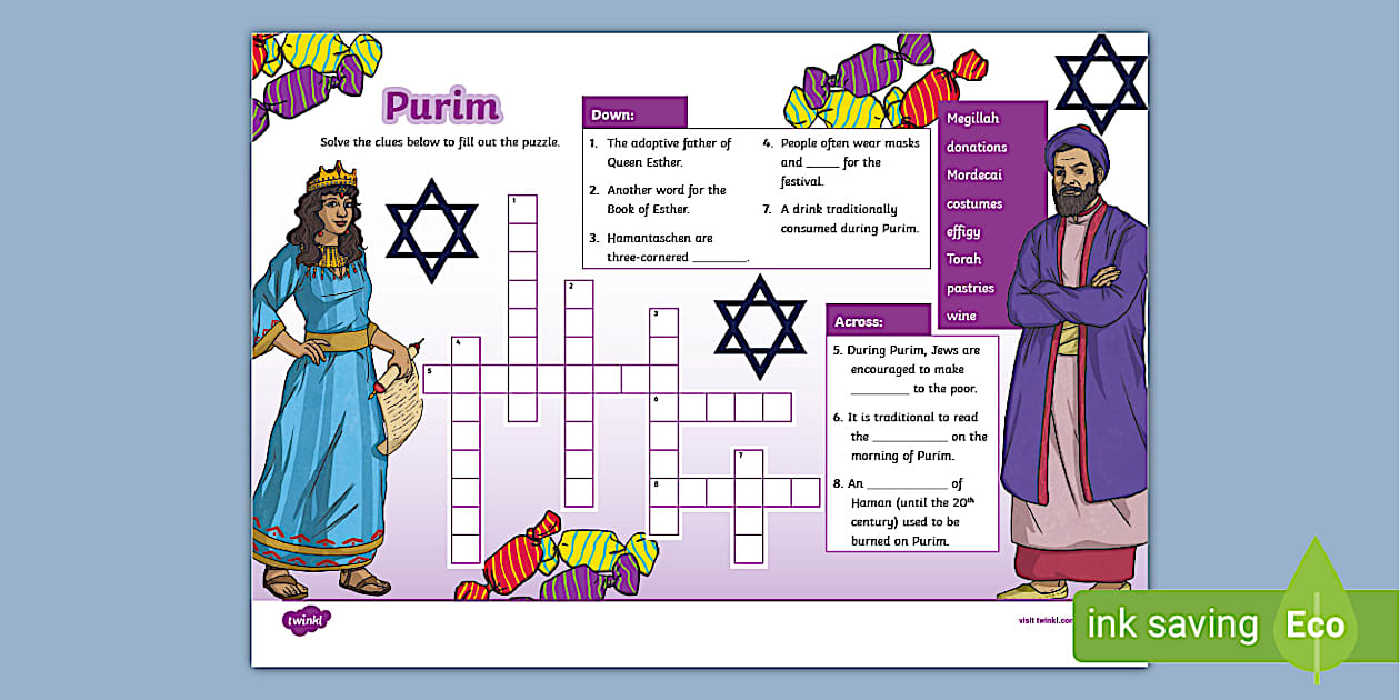 KS2 Purim Crossword RE Judaism Festivals Twinkl