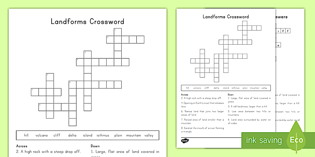 Second Grade Landforms Crossword Twinkl