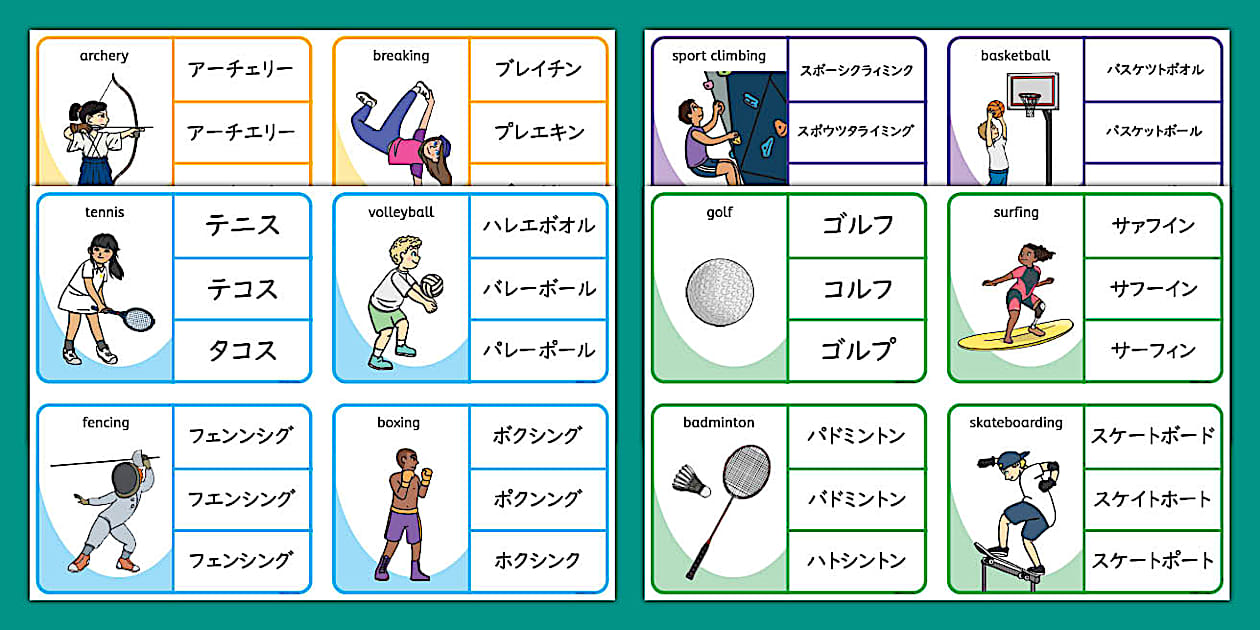 五輪で行われるスポーツの種目からカタカナを学べるように制作されたクリップカード。