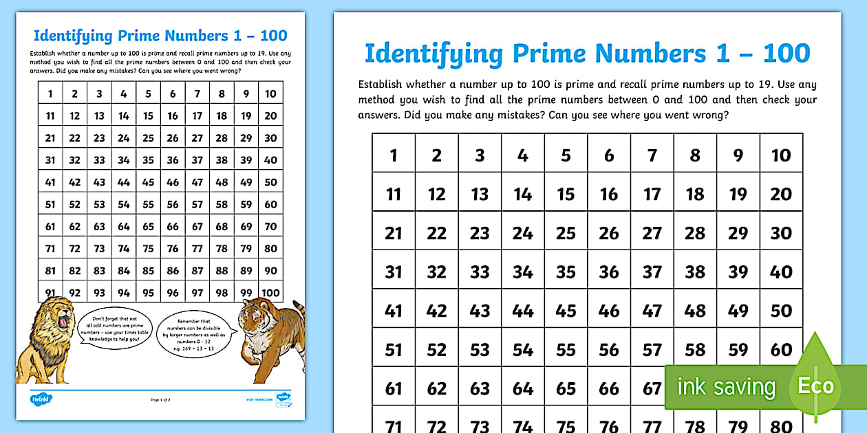 Prime Numbers Worksheet - Prime Number Table - Twinkl