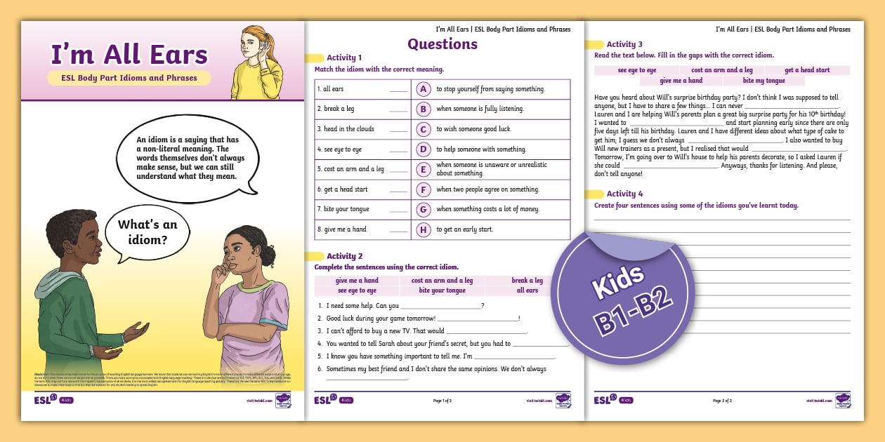 Esl body part idioms activity sheet for b1 b2 level students