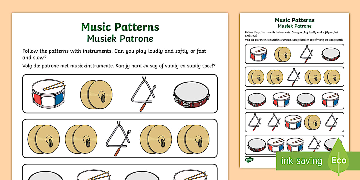Music Pattern Worksheet English/Afrikaans - Twinkl