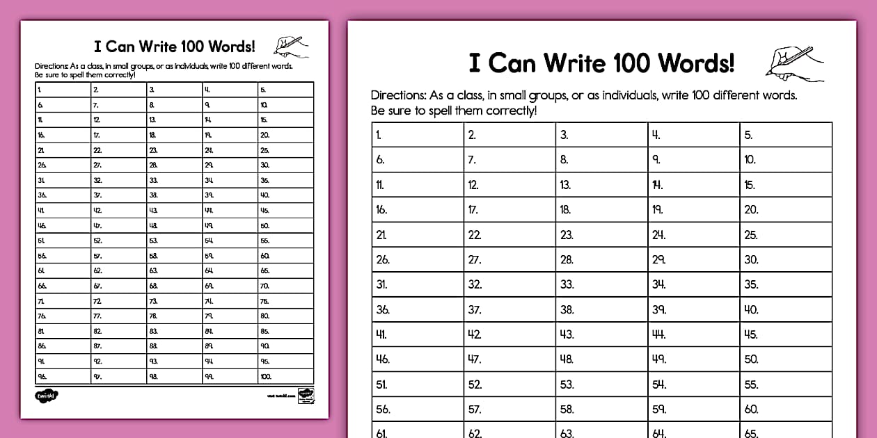 I Can Write 100 Words Worksheet Resource Twinkl USA