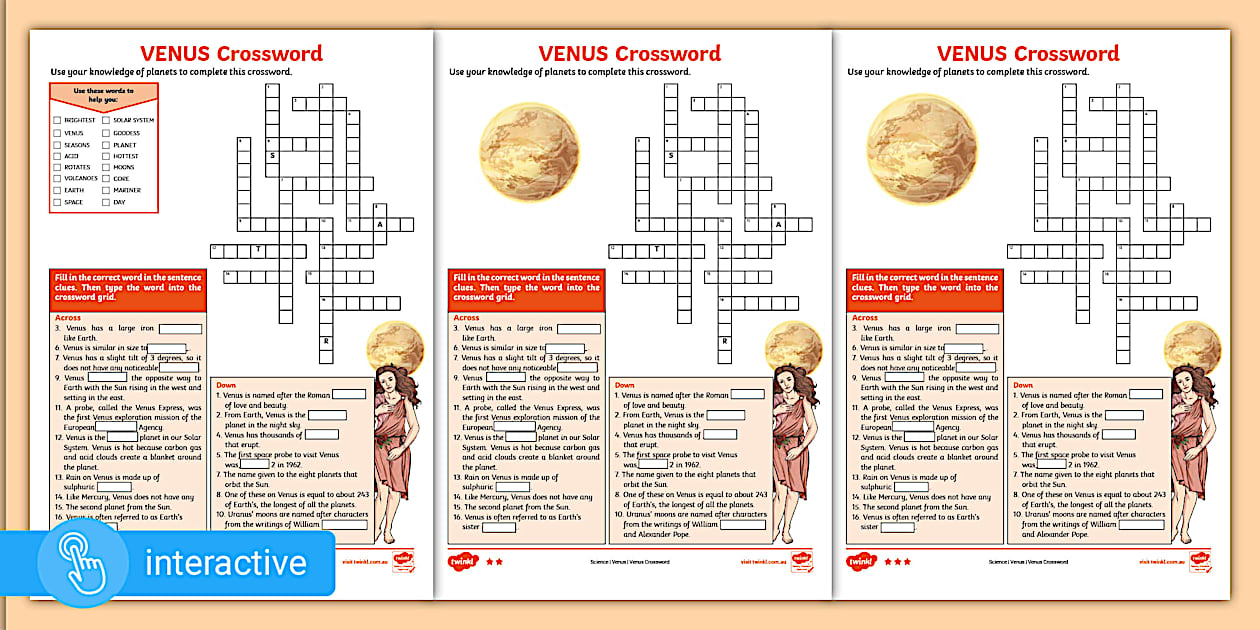 Venus Crossword Interactive PDF Year 5 Science Twinkl