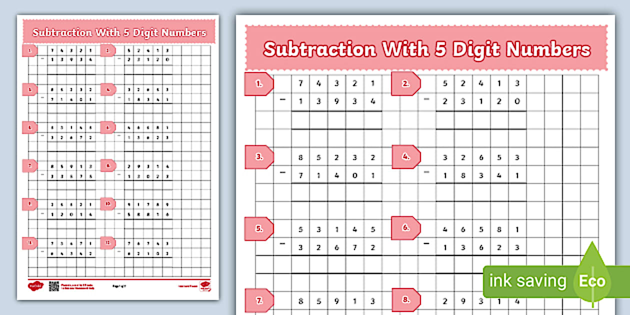 Long subtraction worksheets with 5 digit numbers twinkl