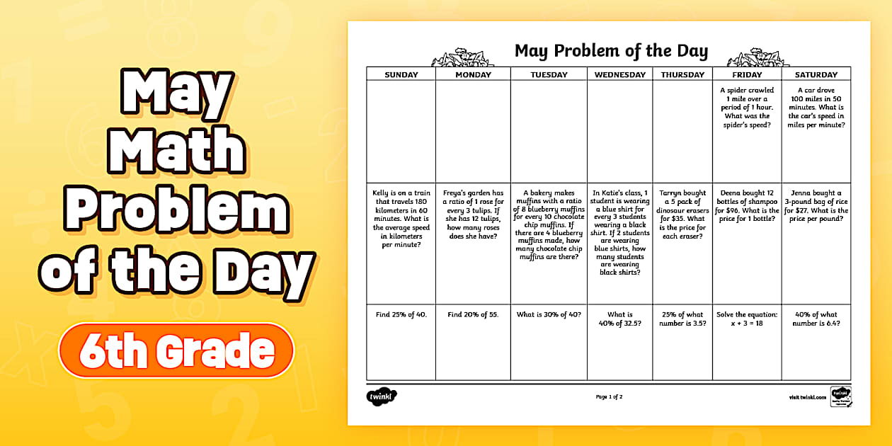 Sixth Grade 2025 Math Problem of the Day May Calendar
