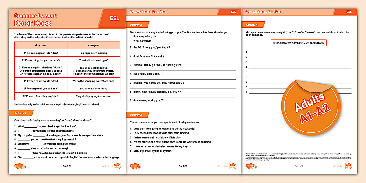 ESL Do or Does Worksheet [Adults, A1-A2] (teacher made)