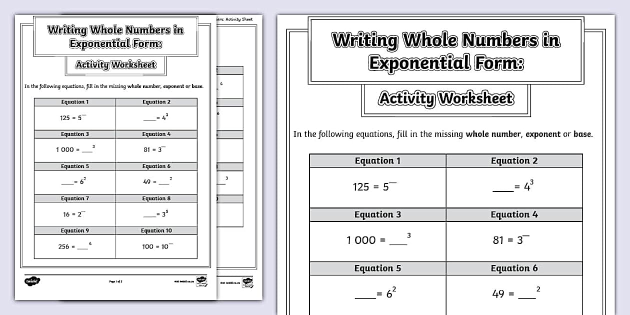 Writing Whole Numbers in Exponential Form: Activity Sheet