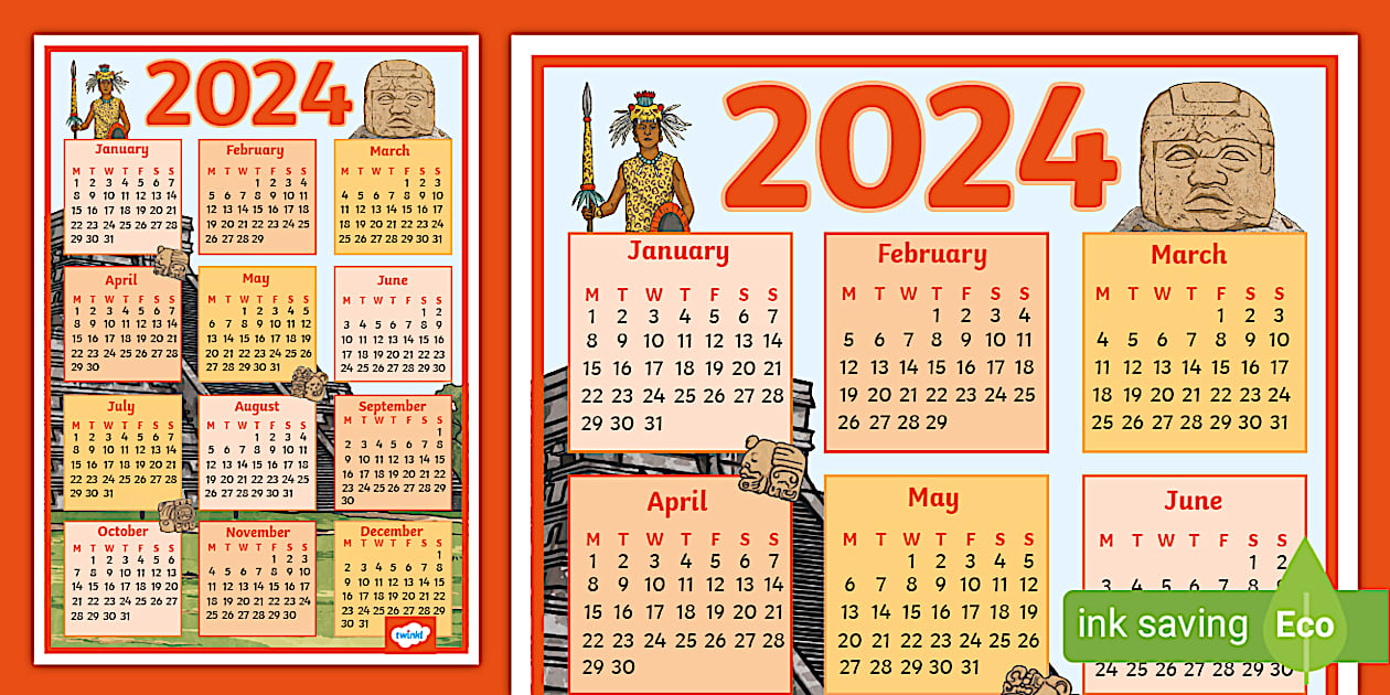 Mayan-Themed 2024 Wall Calendar Poster (teacher made)