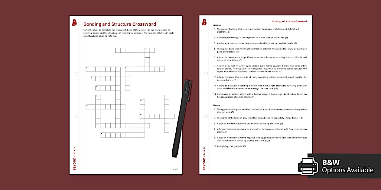 Bonding and Structure Crossword (teacher made) Twinkl