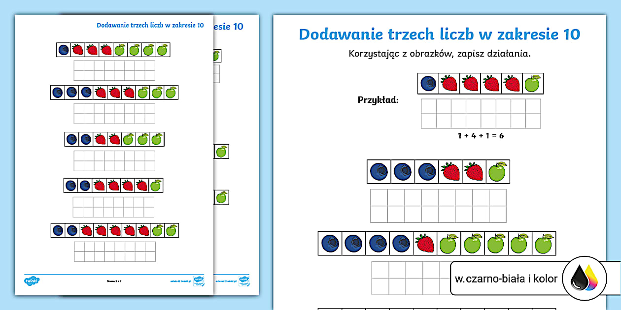 Dodawanie trzech liczb w zakresie 10 | Karta pracy - Twinkl