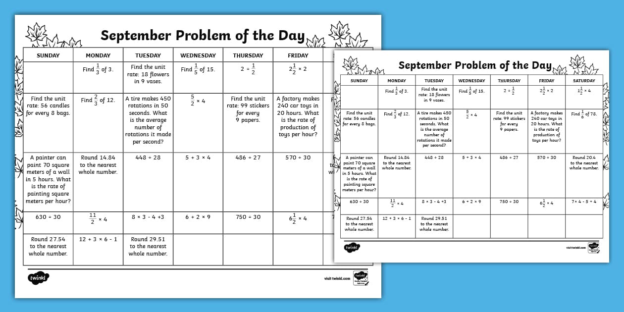 Sixth Grade 2025 Math Problem of the Day September Calendar