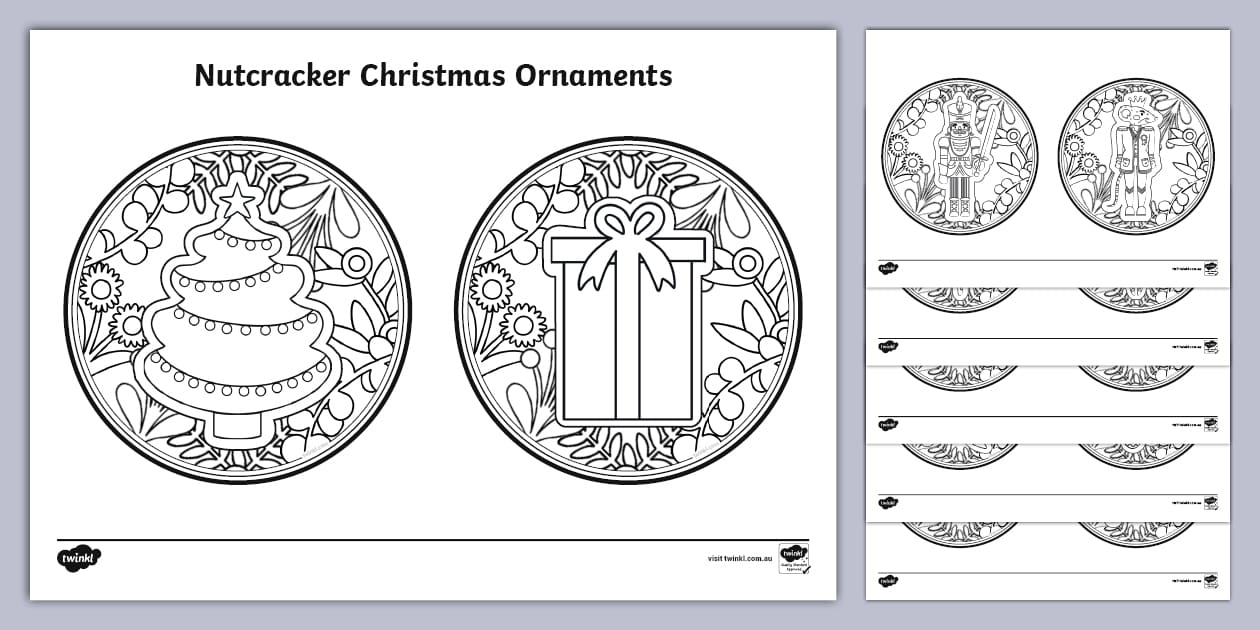 Nutcracker Christmas Tree Ornaments Colouring Pages - Twinkl