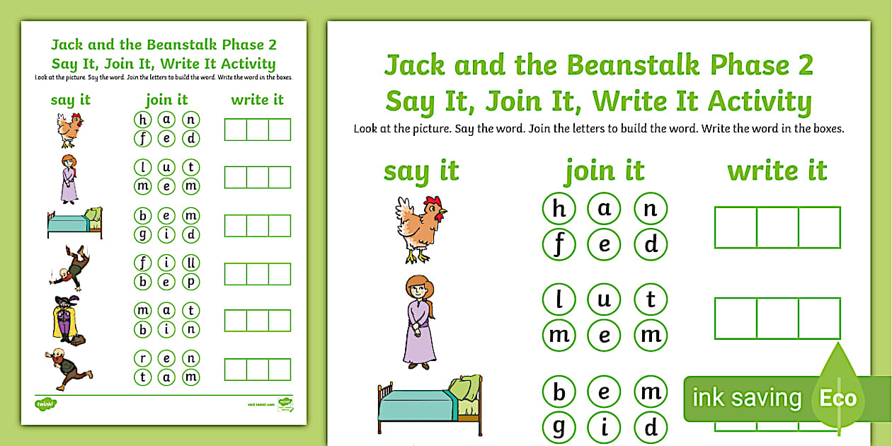 Editable Jack and the Beanstalk Phase 2 Say It, Join It, Write It Activity
