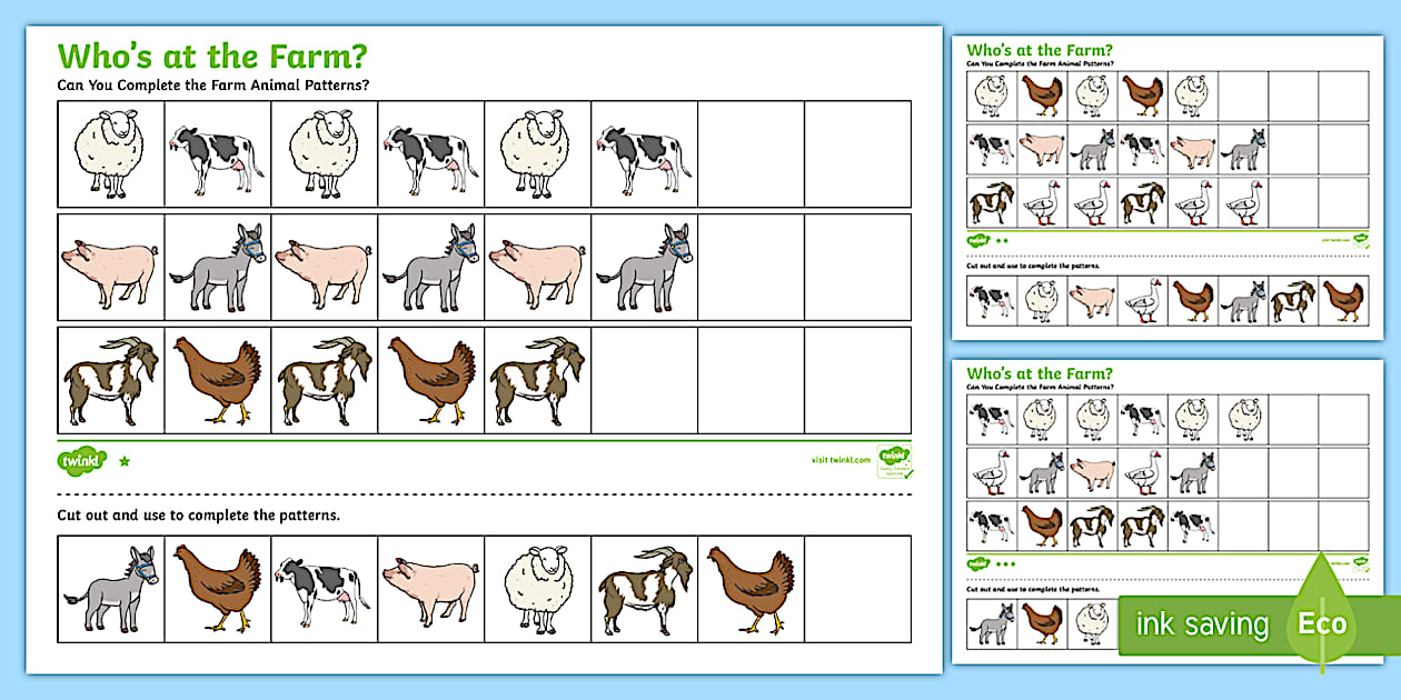 Who #39 s at the Farm? Differentiated Complete the Pattern Worksheet