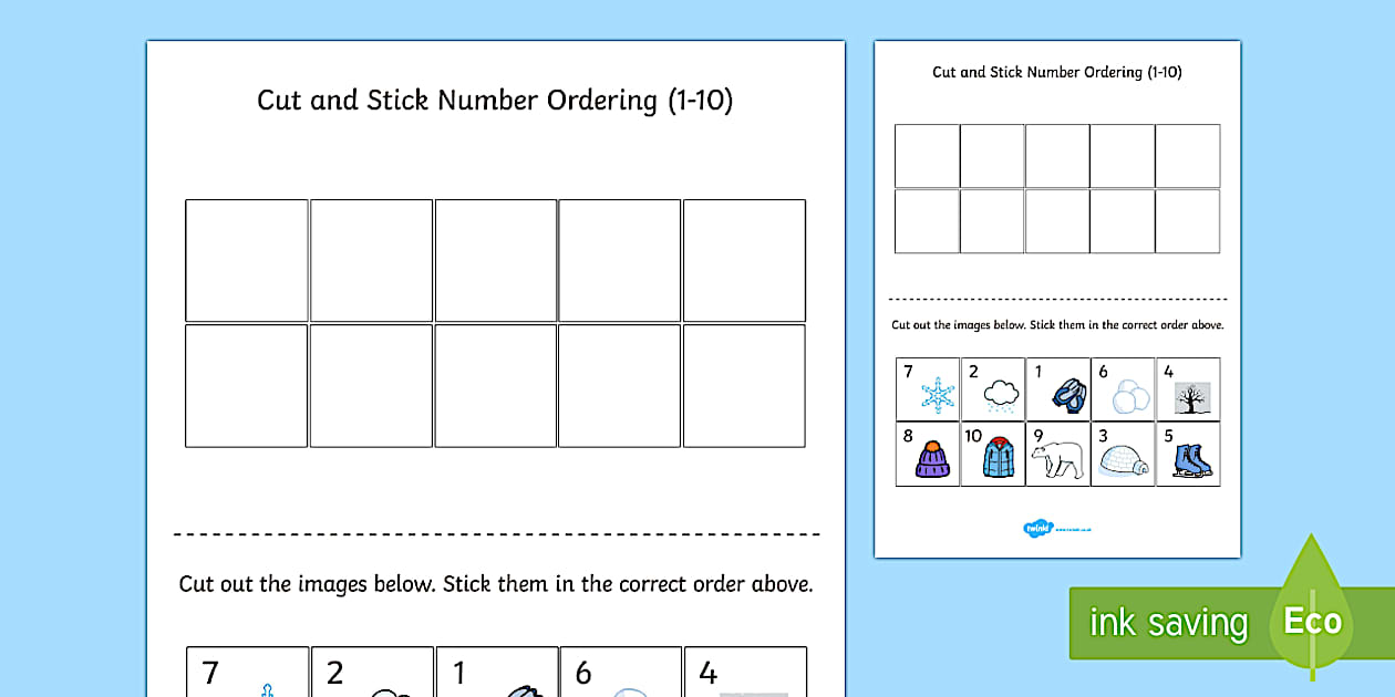 Black and White Winter Themed Cut and Stick Number Ordering Sheets 1-10