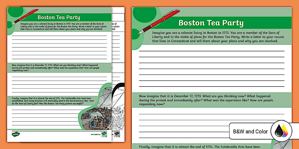 Boston Tea Party Writing Worksheet for 6th-8th Grade