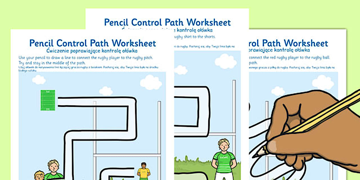 Black and White Rugby Pencil Control Path Worksheets Polish Translation