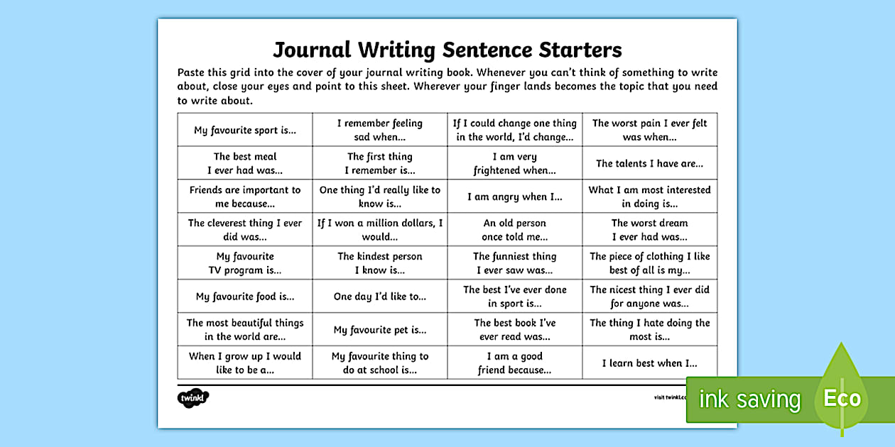 TAS Journal Writing Sentence Starters Worksheet Twinkl