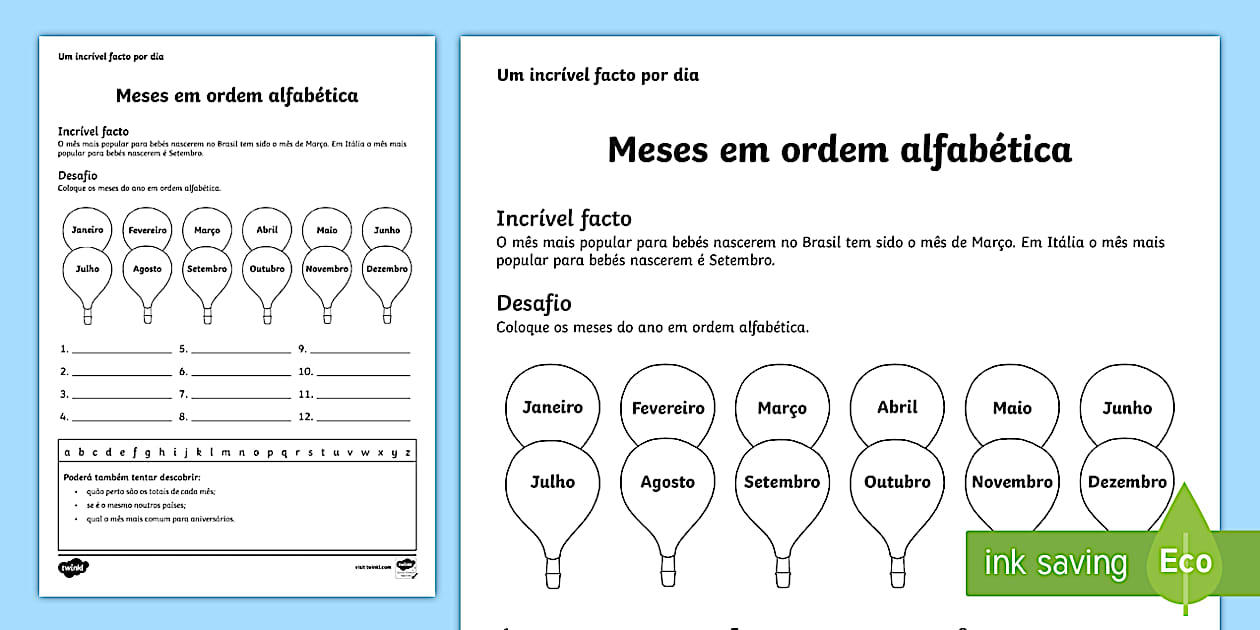 Meses em ordem alfabética, ficha de atividades - Twinkl