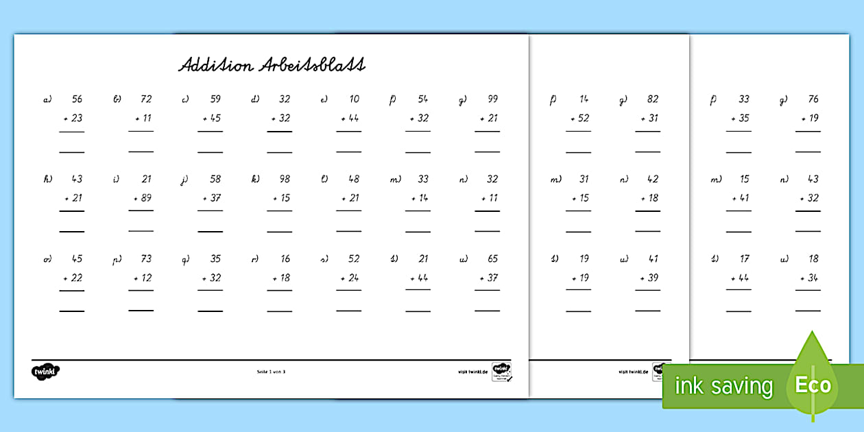 Addition mit zweistelligen Zahlen Arbeitsblätter - Twinkl