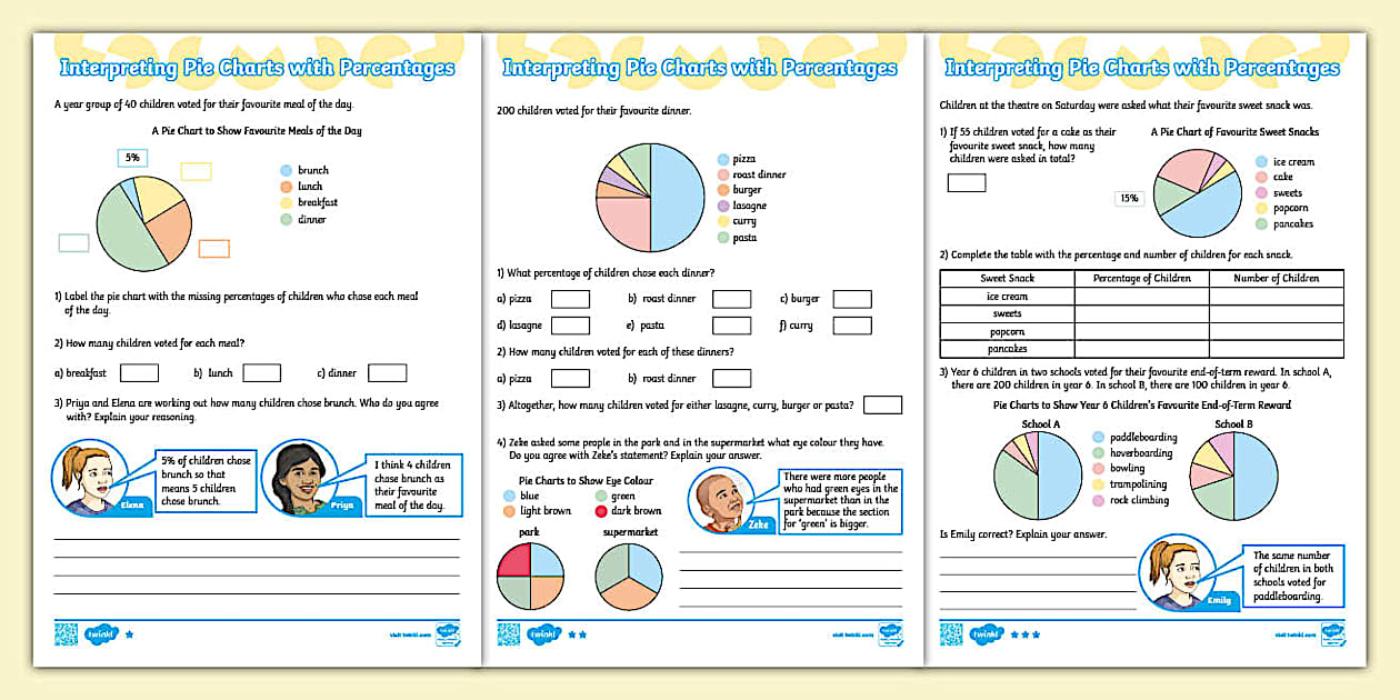  year 6 interpreting pie charts with percentages activity sheets