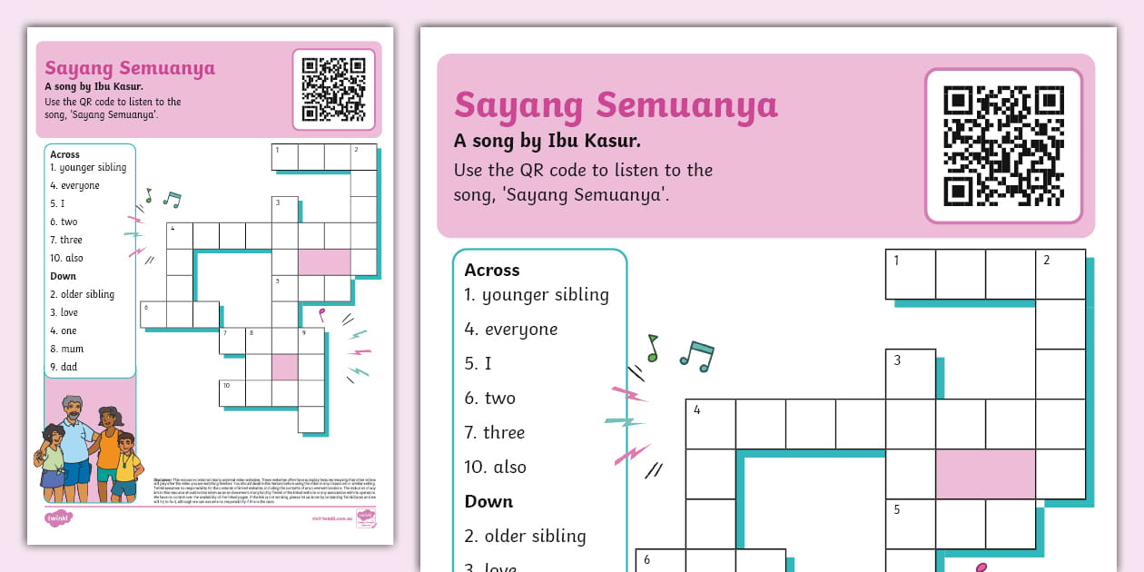 Aku Sayang Ibu Song Crossword Indonesian (Lehrer gemacht)
