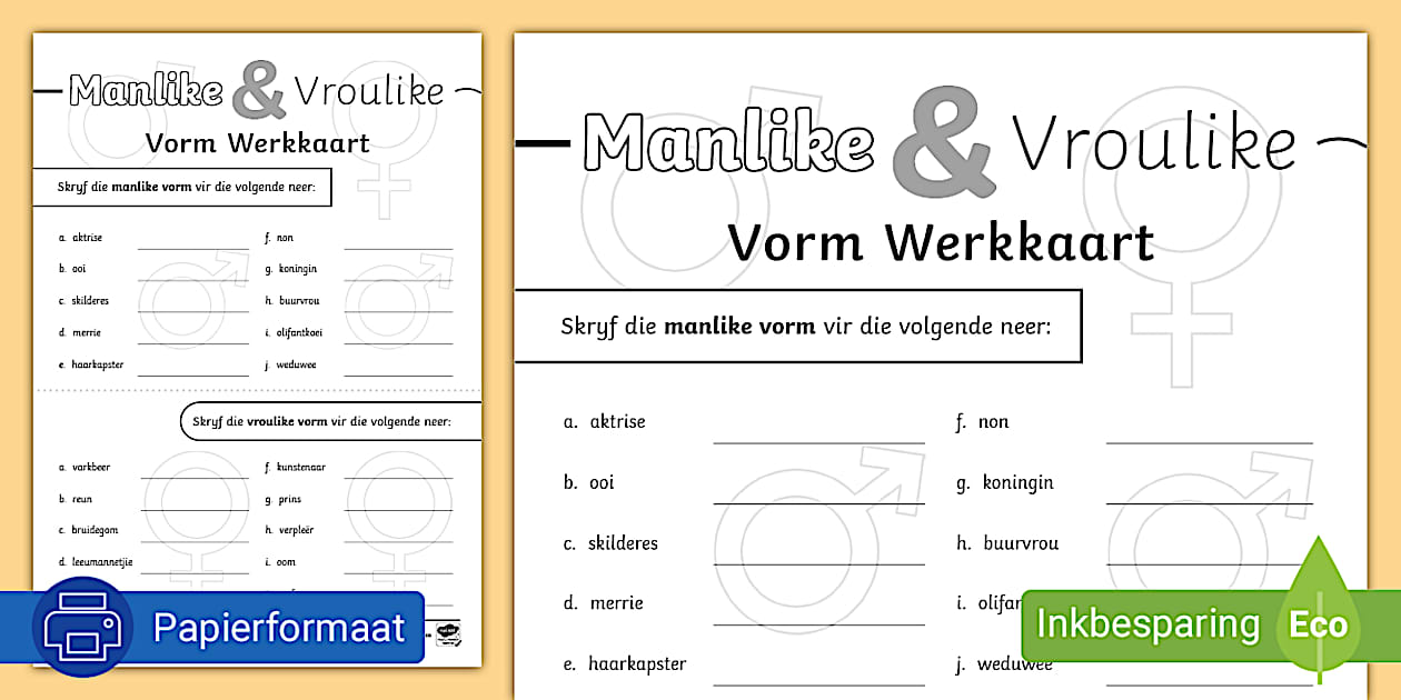 Manlike en Vroulike Vorm Werkkaart - Graad 8 - Twinkl