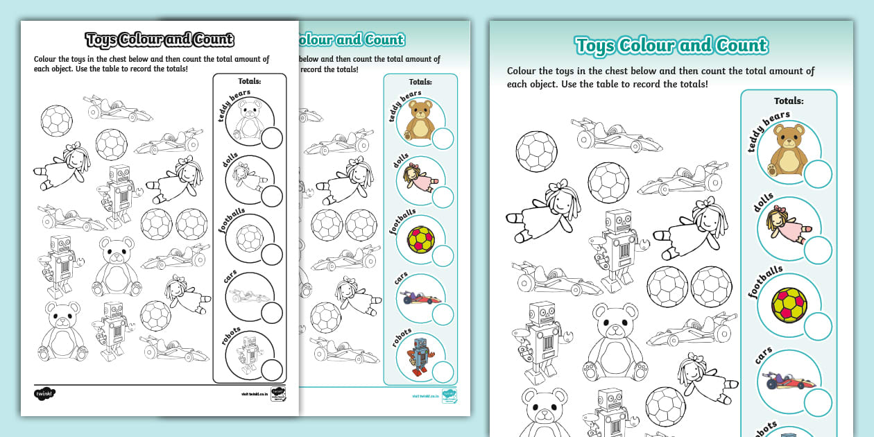 Toys Colour and Count Worksheet (teacher made) - Twinkl
