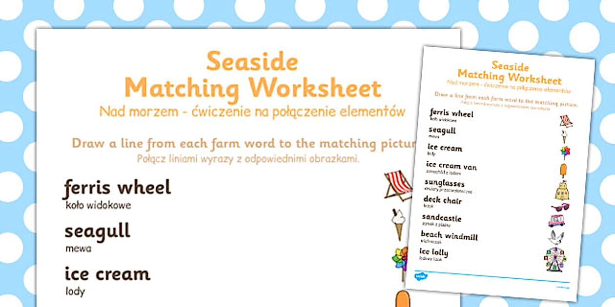 Black and White Seaside Themed Word and Picture Matching Worksheet Polish