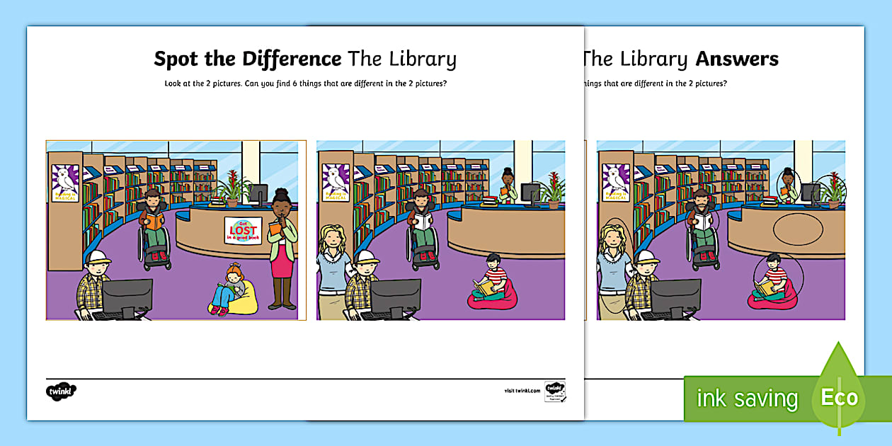 The Library Spot the Difference Worksheet / Worksheet