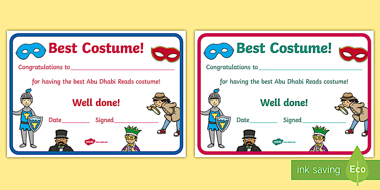 Abu Dhabi Reads Best Costume Certificate Twinkl