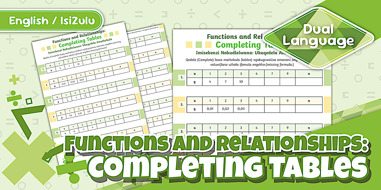 Gr 7 -Functions&Relationship:CompletingTables- Act Sheet-Zul/Eng