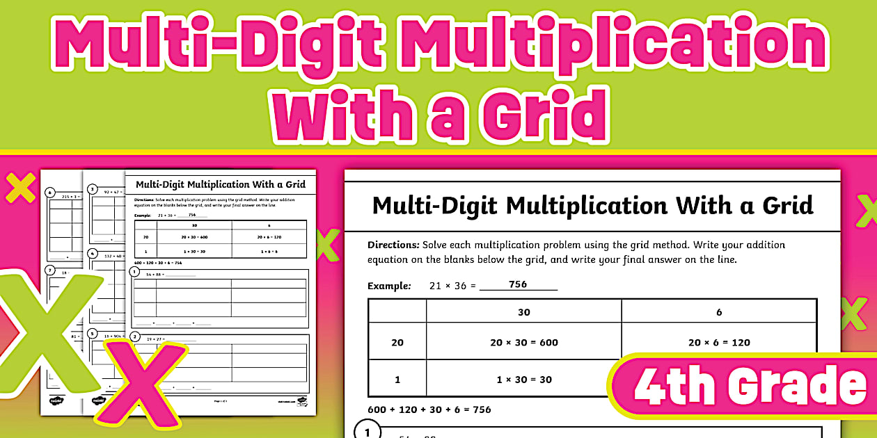 Fourth Grade Multi-Digit Multiplication With Grid Worksheet