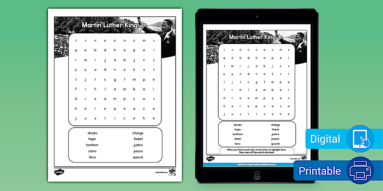 Martin Luther King Jr. Word Search for K-2nd Grade - Twinkl