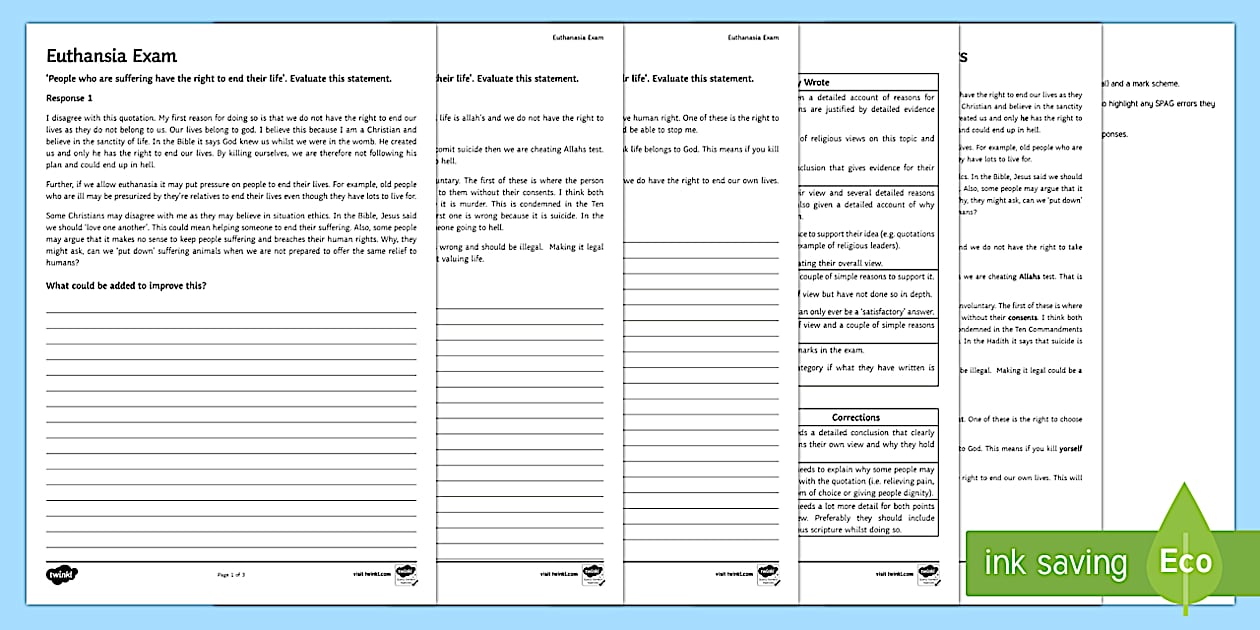 Euthanasia Exam Questions Pack (teacher made) - Twinkl