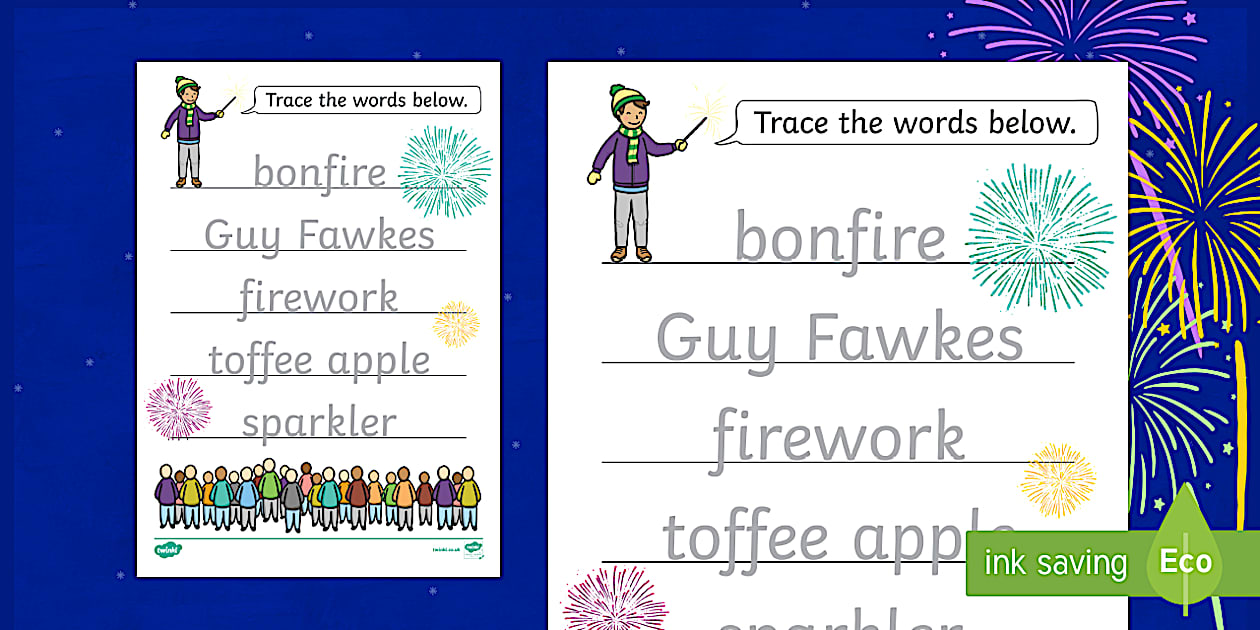Precursive Bonfire Night Word Tracing Worksheet - Twinkl