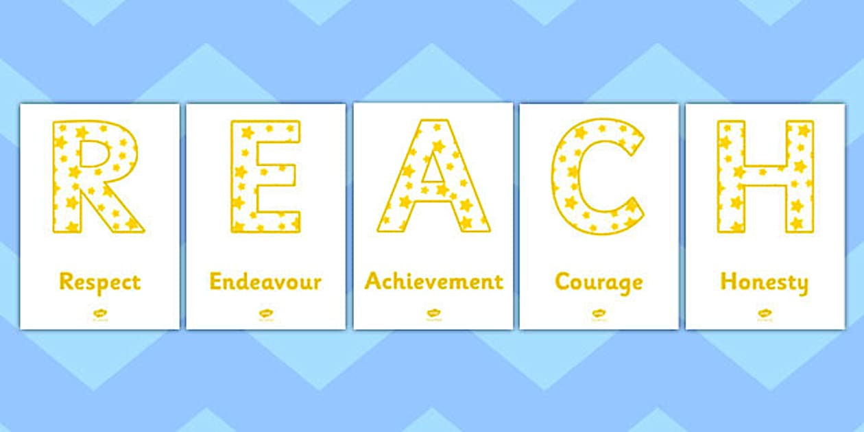 REACH Respect Endeavour Achievement Courage Honesty Lettering