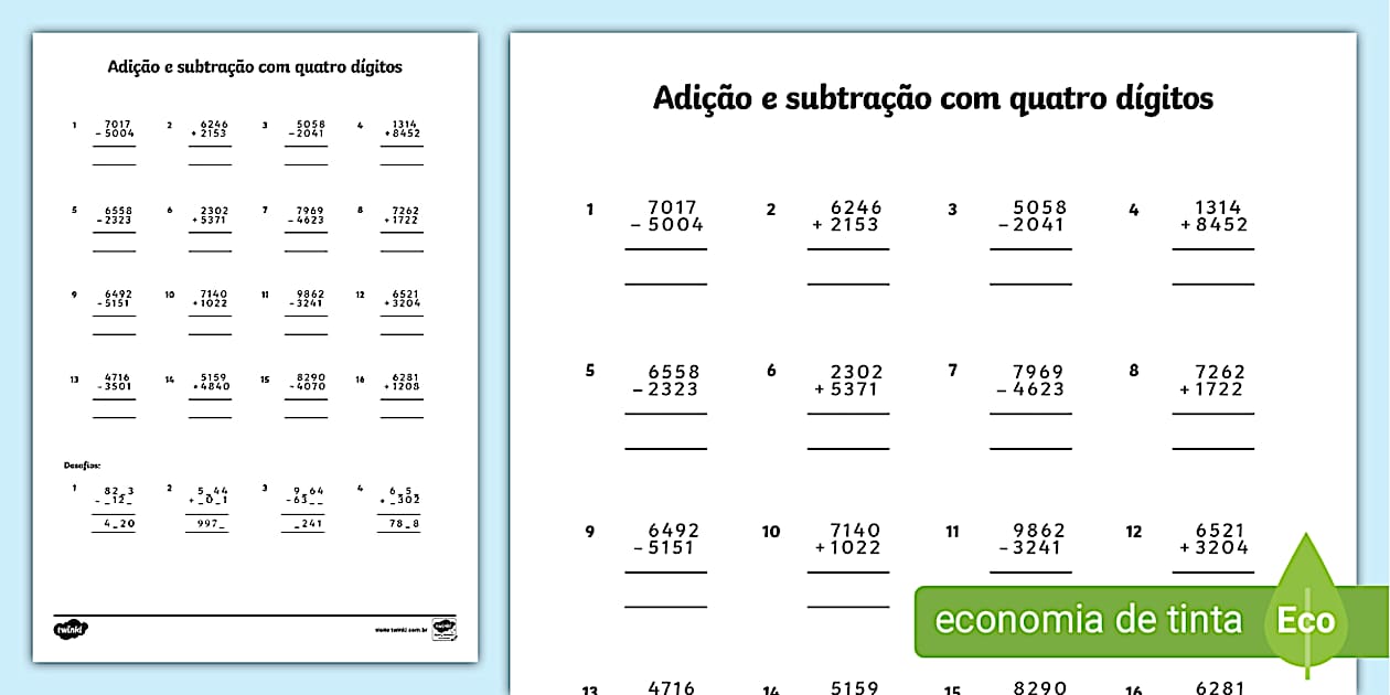 Contas de Adição e Subtração para o 4º Ano - Twinkl