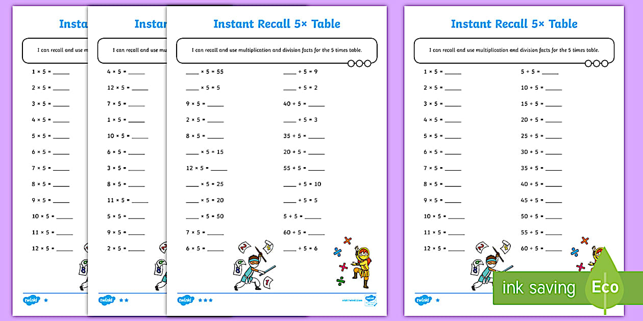 Editable Instant Recall of the 5 Times Table Facts Differentiated ...