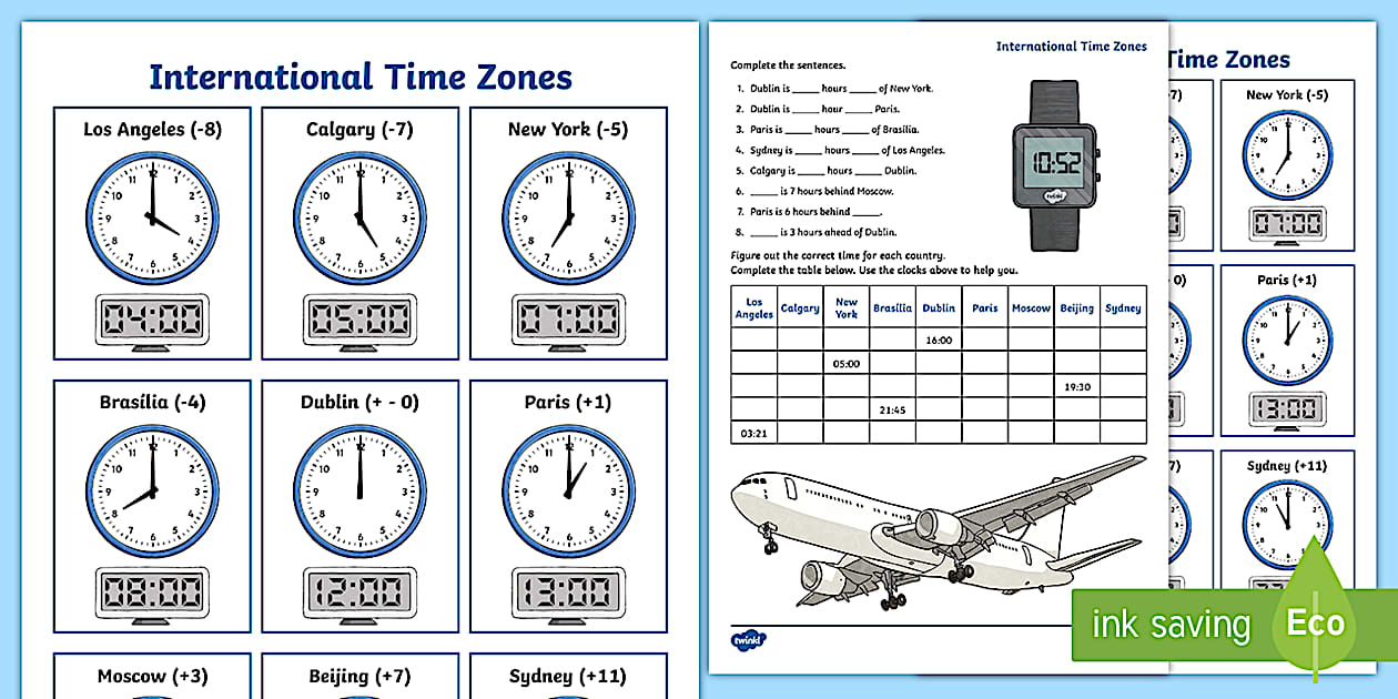 Editable International / World Time Zones Worksheet Twinkl